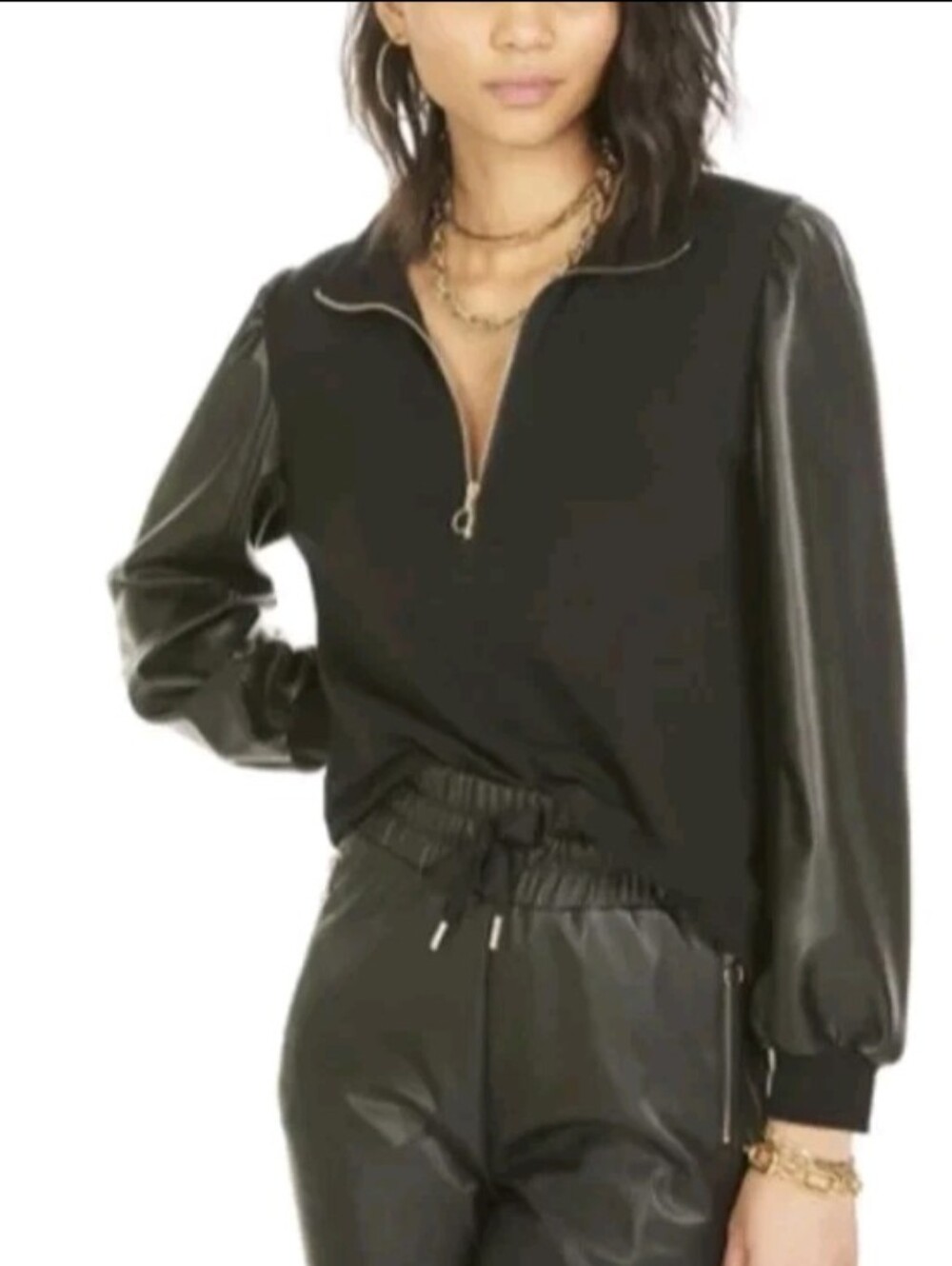 Generation Love Black Faux Leather Puff Sleeve 1/4 Zip Lola Sweatshirt Sze L NWT
